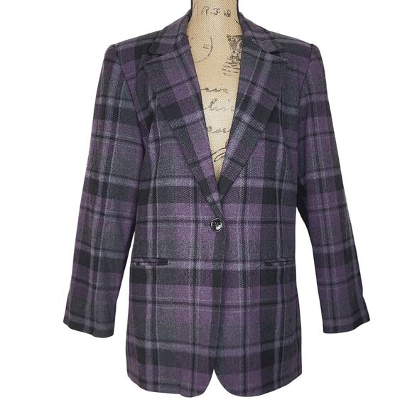 Sag Harbor Jackets & Blazers - Vintage Sag Habor Estilo Purple Black Plaid Wool Blend One Button Blazer Size 14